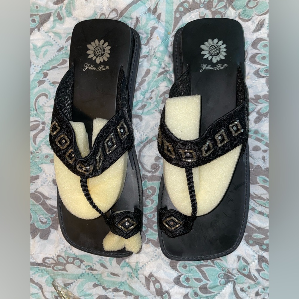 Yellow Box Black and Gold Embellished Sandals
